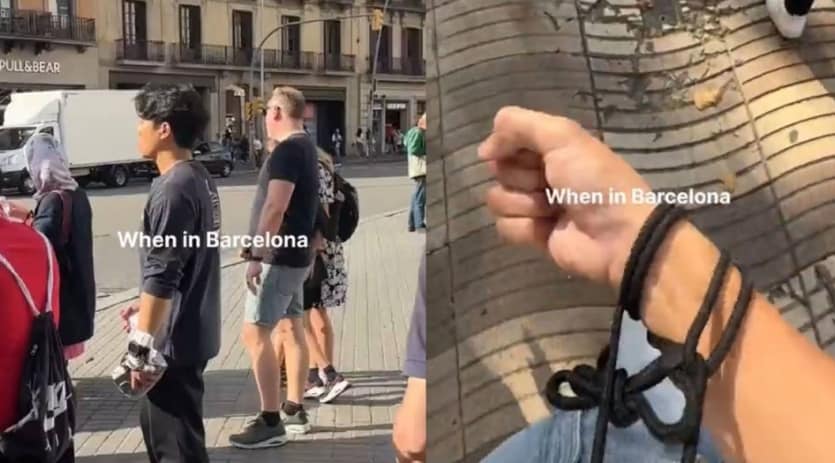 À Barcelone, des touristes attachent leur téléphone à leur poignet pour éviter les vols.